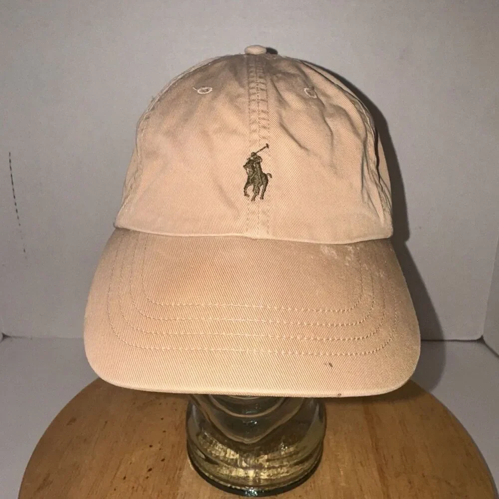Polo Ralph Lauren Khaki Leather Strap Dad Hat Pony Logo Baseball Cap OSFA